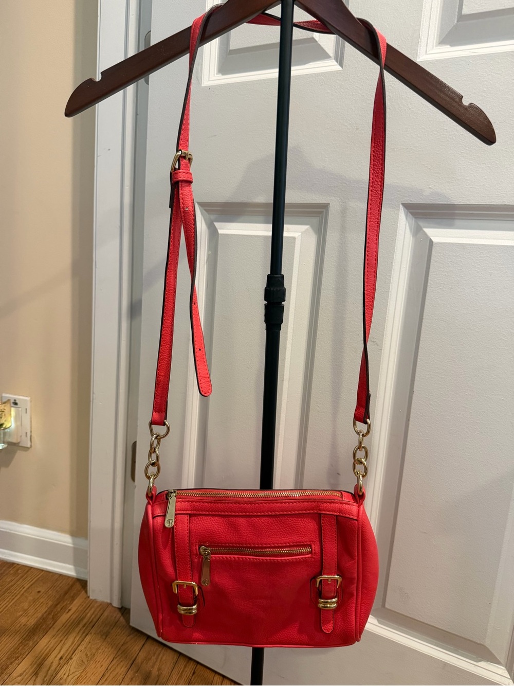 Charming Charlie Red-Orange Crossbody Bag with Gold Hardware